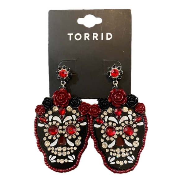 Torrid E. Sugar Skull Earrings Black Red - Picture 1 of 3